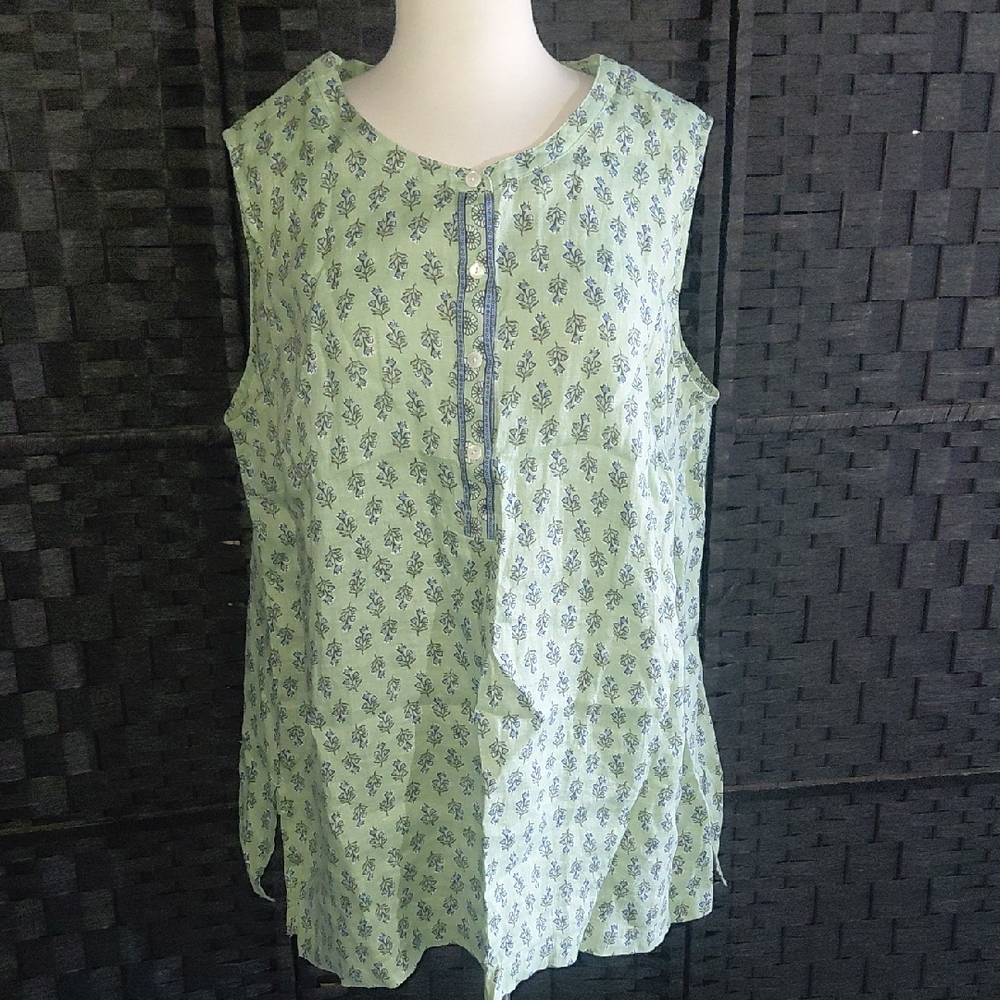 Sleeveless Printed Cotton Tunic Top - Light Green